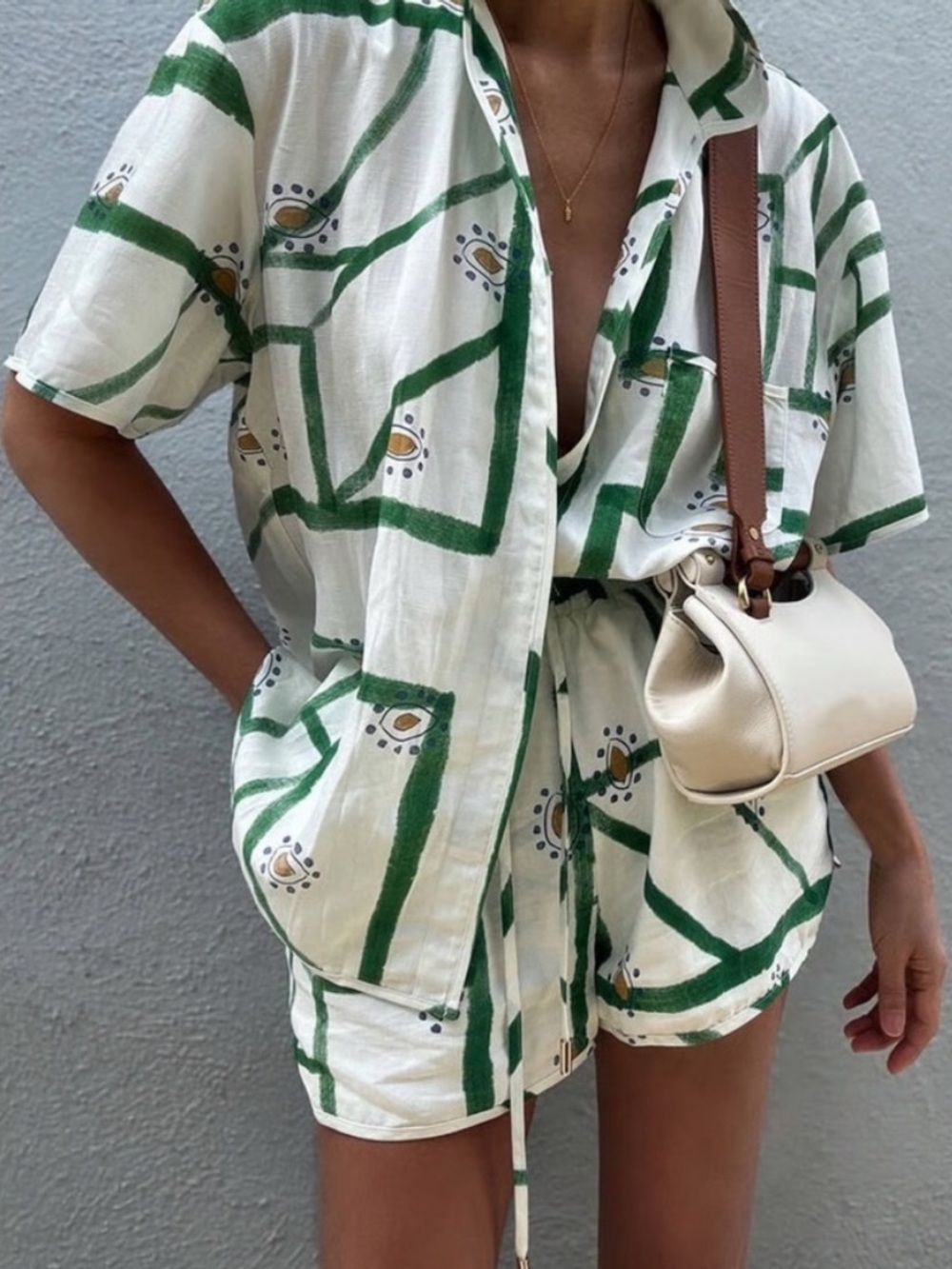 Commense Drawstring Women’s Shorts/Top Set in Cream with Green Print